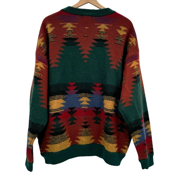 Vintage 90s Men's Cardigan Sweater Structure 100% Wool Southwestern Aztec | L - Picture 2 of 13